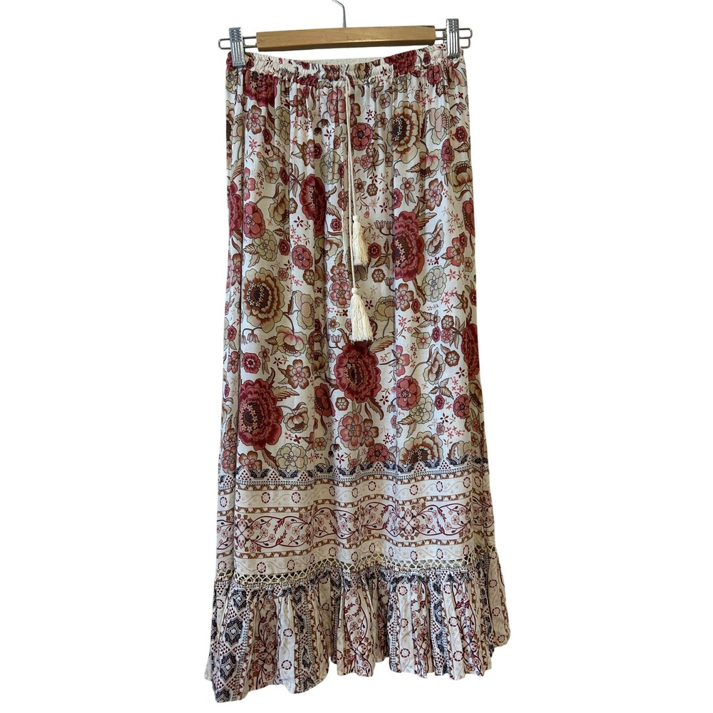 Aly Daly Maxi Skirt Medium Cream Burgundy Floral Boho Festival Tassel Ruffle Hem
